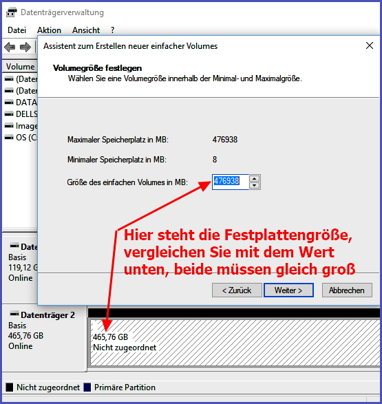 14b datenträgerbereinigungfenster festplattengröße