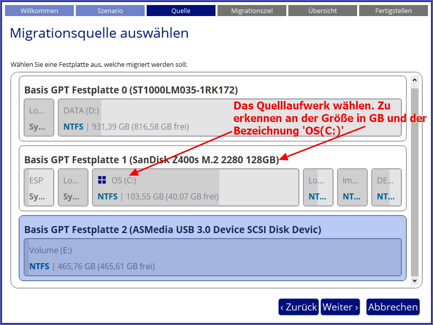 20 paragon quelllaufwerk wählen